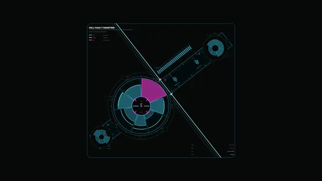 Cyan Magenta Circular Battery Cell Fault Targeting HUD Dashboard 4K Sci-Fi