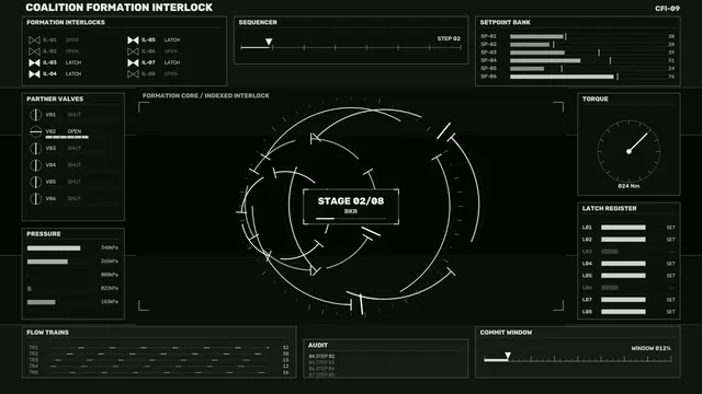 Formation Interlock Control HUD with Circular Telemetry Dashboard