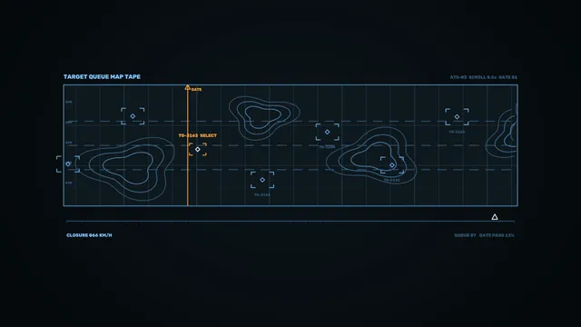 Sci-Fi Target Queue HUD Map with Blue Grid and Orange Gate Marker