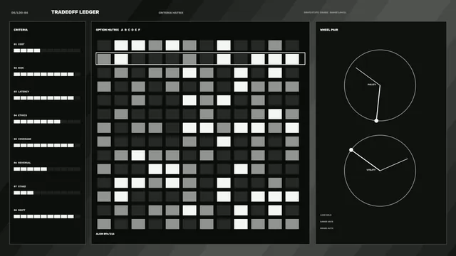 Tradeoff Ledger Sci-Fi HUD Dashboard with Option Matrix and Policy Utility Dials