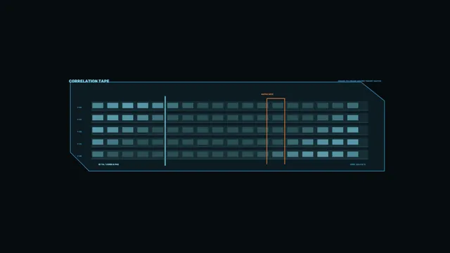 Cyan Correlation Tape HUD with Orange Match Gate — 4K Sci-Fi Wallpaper