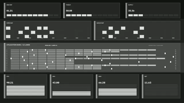 Futuristic Monochrome HUD Telemetry Dashboard with Core and Queue Maps