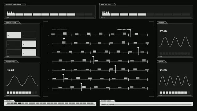 Monochrome Diagnostic Telemetry HUD Dashboard with Seven-Row Event Timelines