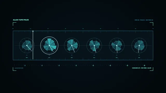 Cyan Resource Allocation Telemetry HUD with Six Radial Gauges, 4K Sci-Fi Screen