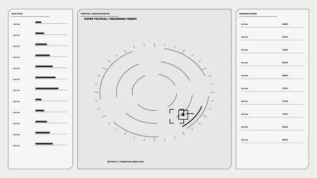 Monochrome Sci-Fi Targeting HUD with Circular Scanner and Confidence Ledger