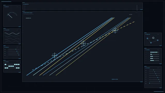 Futuristic Corridor Tracking HUD with Cyan and Yellow Telemetry, 4K Wallpaper