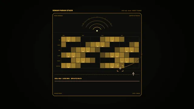 Amber Sonar Parameter HUD with Ping Arcs and Telemetry Grid