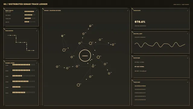 Distributed Sonar Trace Ledger HUD – Sci-Fi Telemetry Dashboard 4K Wallpaper