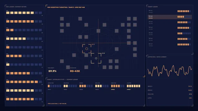 Fictional Reactor Control HUD with Grid Targeting and Telemetry Dashboard