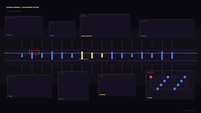 Containment Warning Matrix HUD with Telemetry Panels, 4K Sci-Fi Wallpaper