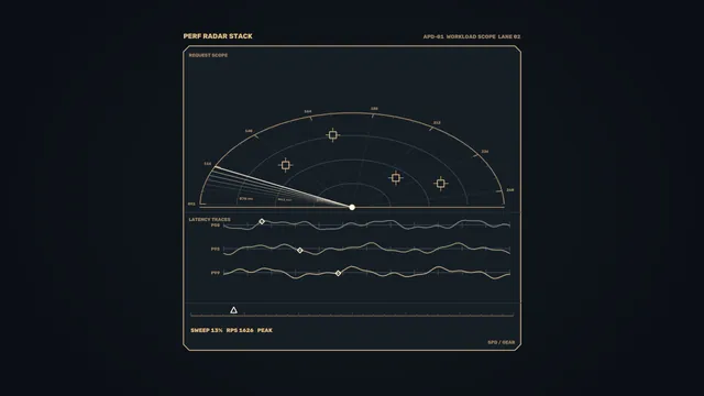 Sci-Fi Performance Radar HUD with Latency Traces