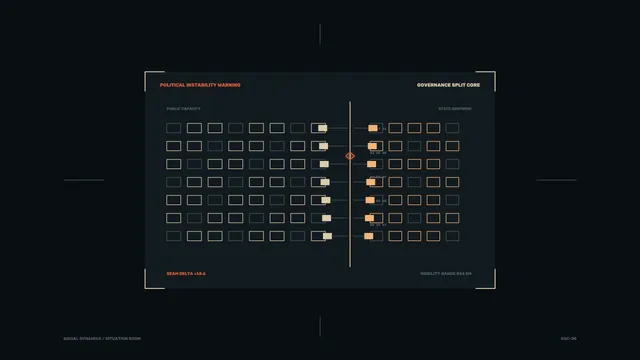 Political Instability Warning Split-Core HUD Dashboard 4K Sci-Fi Wallpaper
