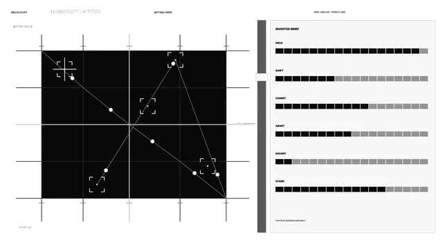 Monochrome Sci-Fi Decision Support HUD with Coordinate Grid and Status Bars