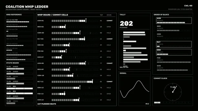 Coalition Whip Ledger Monochrome Sci-Fi HUD Dashboard 4K Wallpaper