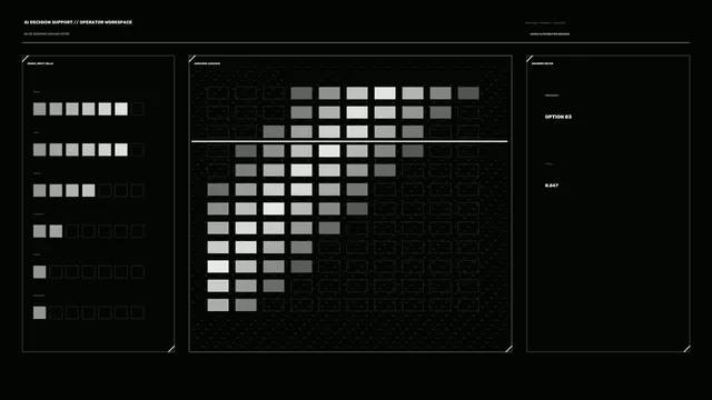 Monochrome Sci-Fi HUD Dashboard with Scenario Grid and Decision Meter 4K