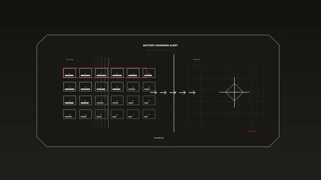 Battery Charging Alert HUD Interface with Cell Bank and Interlock Grid