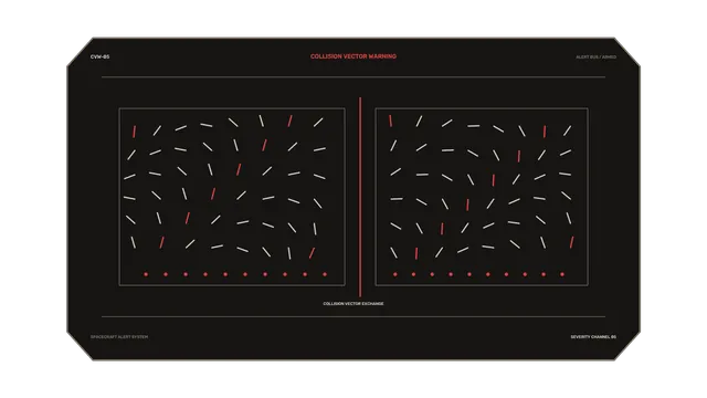 Spacecraft Collision Vector Warning HUD – Red and White 4K Wallpaper