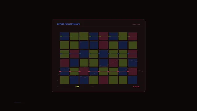 District Flow Cartograph Sci-Fi HUD Dashboard with Tiled Grid