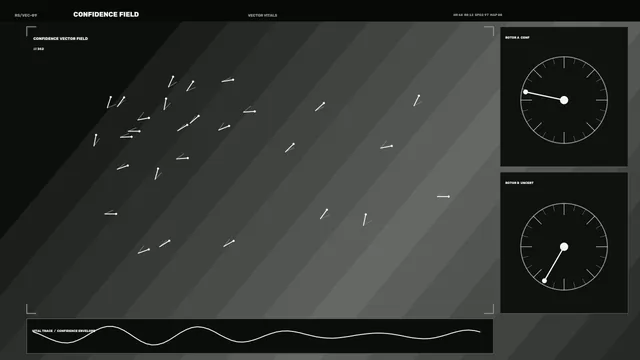 Monochrome Confidence Field HUD with Vector Telemetry and Gauge Panels