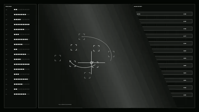 Monochrome Sci-Fi Diagnostic HUD with Reticle, Decode Bars and Token Ledger