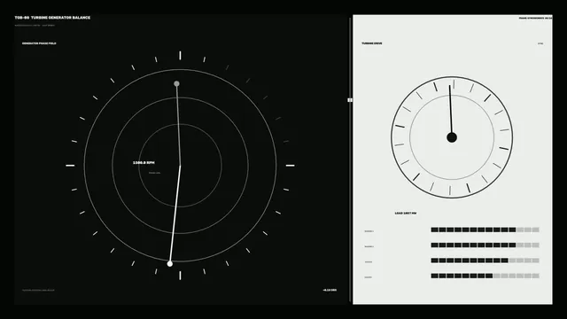 Monochrome Turbine Generator Monitoring HUD with Circular Gauges – 4K Wallpaper