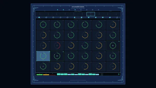 Fictional Sci-Fi Battle Management Dashboard HUD with Circular Telemetry Gauges