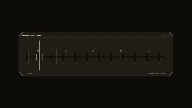 Monochrome Threat Gate Briefing HUD Timeline 4K Wallpaper
