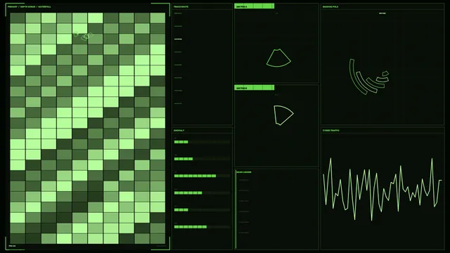 Green Sci-Fi HUD Dashboard with Sonar Waterfall, Sector Scanners and Cyber-Tra​ﬃ