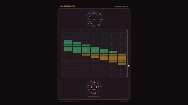 Tall Stack Data Matrix HUD with Circular Gauges and Cyan Green Amber Status Grिड