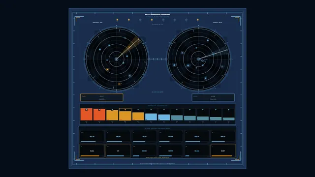 Sci-Fi Battle Management Radar HUD Dashboard with Dual Circular Scanners