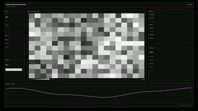 Monochrome Drone Mapping Heatmap HUD Dashboard with Grid Panels and Line Chart –