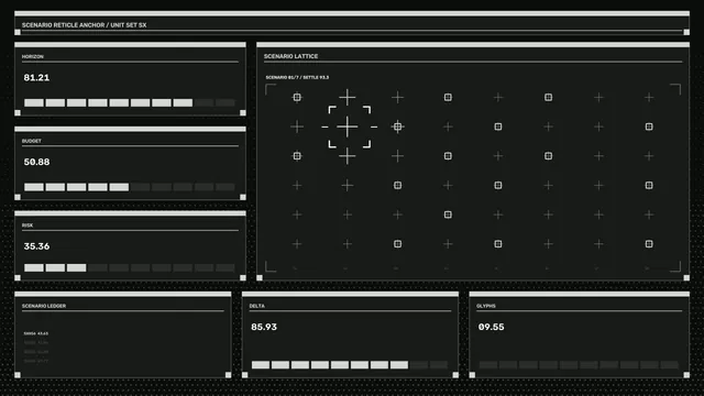 4K Sci-Fi Decision Support HUD Dashboard with Scenario Lattice