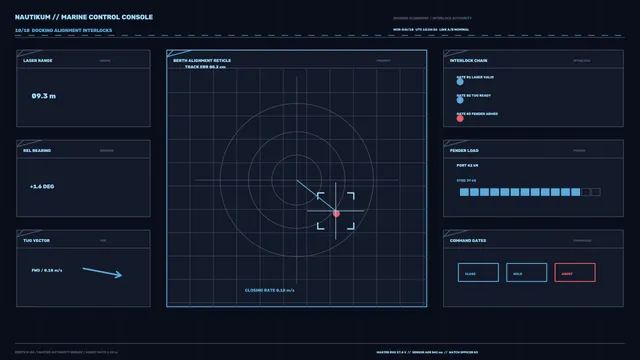 Marine Docking Alignment HUD with Berth Reticle and Telemetry