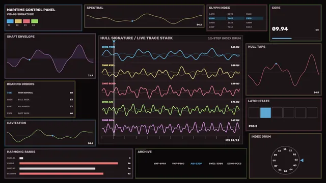 Maritime Sci-Fi HUD Telemetry Dashboard with Multicolor Waveforms 4K Wallpaper