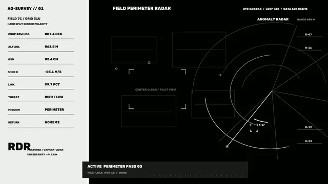 Field Perimeter Radar HUD with Range Rings and Telemetry Dashboard