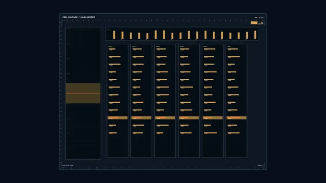 Cell Voltage Telemetry HUD Dashboard with Six Amber Trace Columns