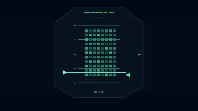 Photovoltaic Efficiency Thermal Derating HUD with Octagonal Teal Cell Matrix