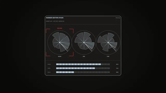 Sci-Fi HUD Marker Sector Stack with Radial Telemetry Displays – 4K Wallpaper