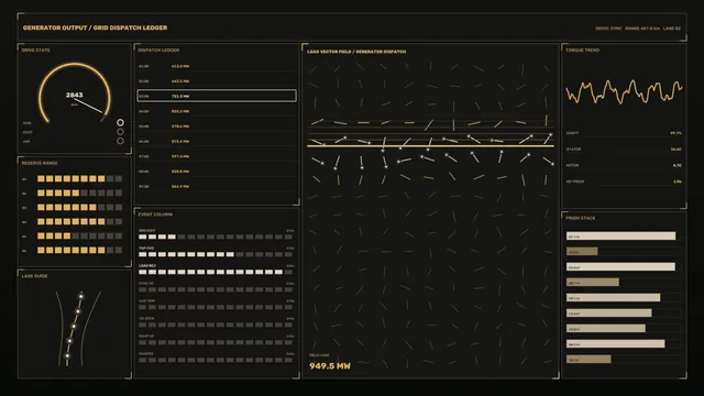 Industrial Generator Dispatch HUD with Load Vector Field and Telemetry Dashboard