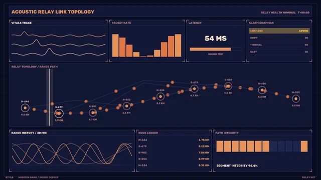 Acoustic Relay Link Topology HUD Dashboard, Indigo and Copper 4K Sci-Fi