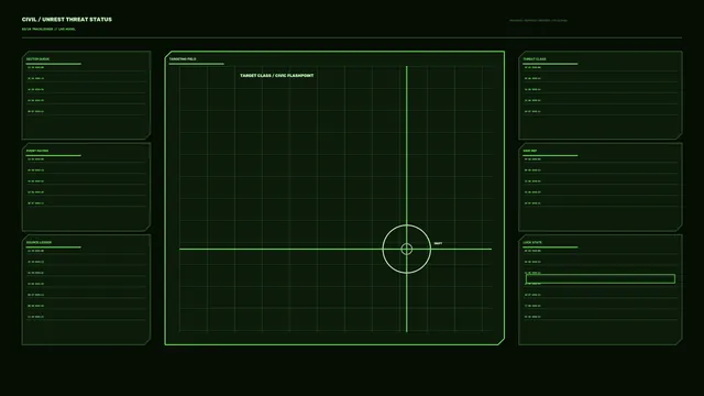 Civic Unrest Threat Status Targeting HUD – Green Grid Reticle 4K Wallpaper