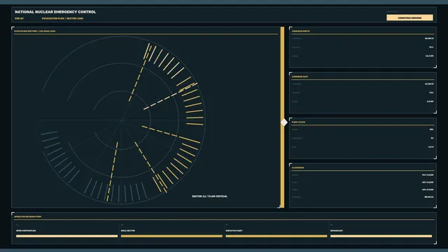 Sci-Fi Evacuation Flow HUD Dashboard with Radial Telemetry 4K Wallpaper