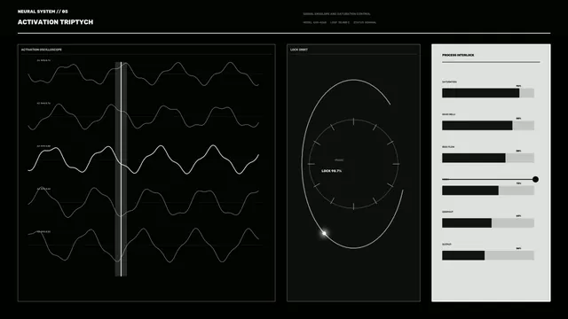 Monochrome Sci-Fi Activation Triptych HUD Dashboard