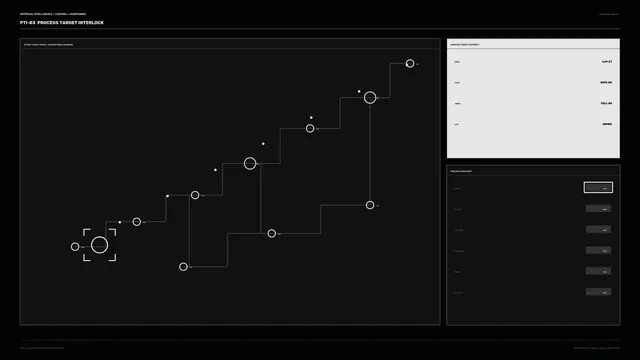 Monochrome Process Interlock HUD Dashboard with Node Graph