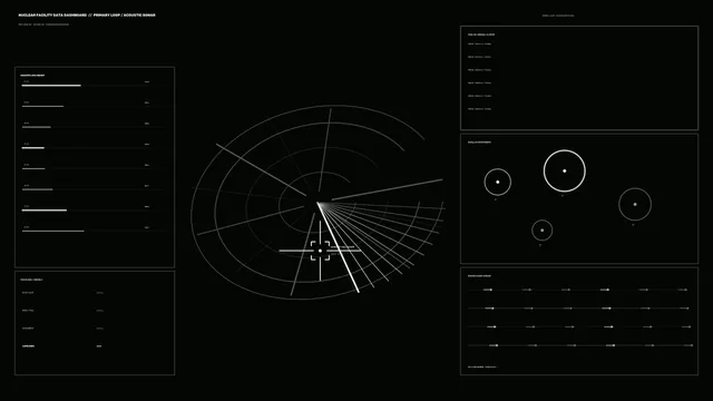 Monochrome Sci-Fi Facility Dashboard HUD with Radar Scanner and Telemetry Panels