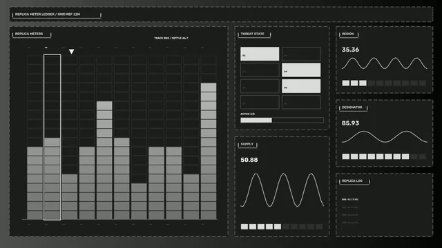 Fictional Telemetry HUD Dashboard with Bar Meters and Waveform Panels