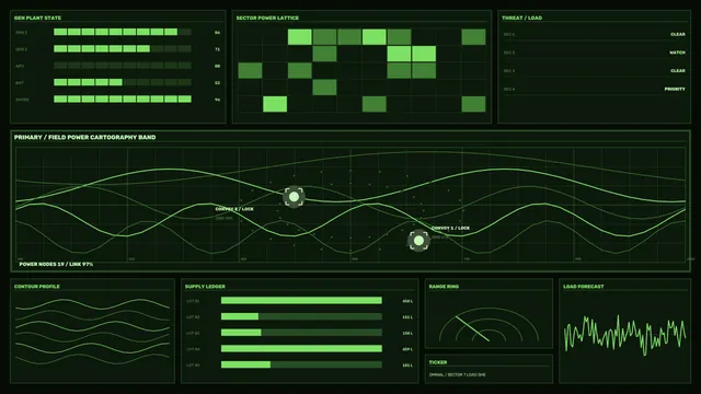Futuristic Green Power Grid HUD Dashboard – 4K Wallpaper