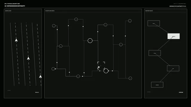Physical Security Grid HUD with Connected Nodes and Response Routes