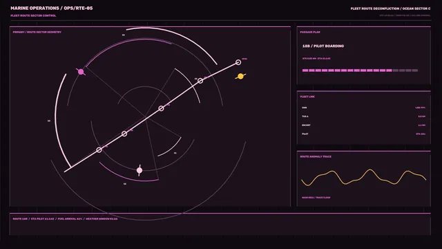 Maritime Fleet Route Control HUD with Circular Scanner and Telemetry Dashboard