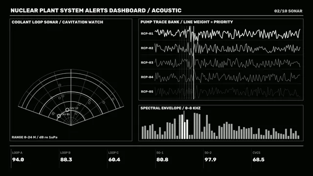 Fictional Nuclear Plant Acoustic HUD Dashboard with Sonar Scanner and Pump Tele